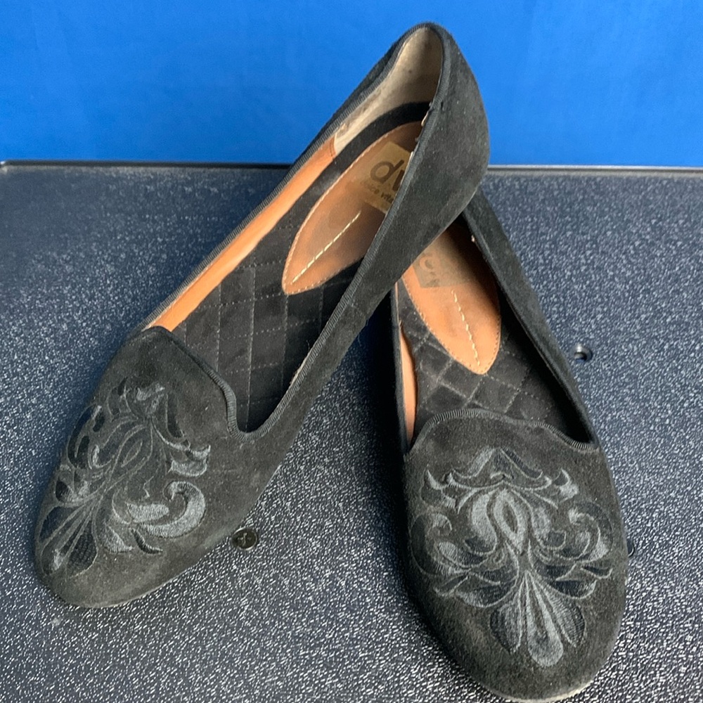 Black faux suede slip ins DV